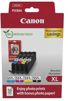 Canon CLI-551XL, Cartucho de Tinta Original, Multipack, 4 Cartuchos de Tinta Independientes, Color Negro, Magenta, Cian, Amarillo, Incluye 50 Hojas Papel Fotográfico 4 x 6
