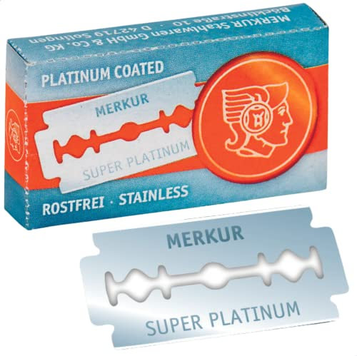 MERKUR Rasierklingen Edelstahl Super Platinum 910 (10 Stück) | Geeignet für traditionelle Rasierhobel | Doppelseitige Rasierklingen mit Platin und Teflon beschichtet | Rostfreier Edelstahl