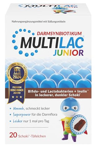 MULTILAC DARMSYNBIOTIKUM Junior mit 20 Schoki-Täfelchen. Enthält ausgewählte Bifido- und Lactobakterien mit Inulin und 1 Mrd. Bakterien. Zuckerfrei, glutenfrei, laktosefrei. Nur 1x täglich.