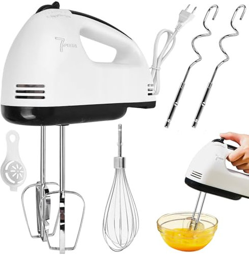 Batidora eléctrica de mano: batidora de mano de 7 niveles con mango ergonómico, batidor eléctrico con 2 varillas y 2 ganchos para amasar de acero inoxidable, 1 batidor y 1 separador de huevos, apto