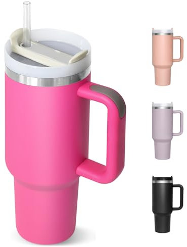 HNCY Mug Isotherme avec Paille 1180ML, Tasse Isotherme pour Cafe avec Poignée, Mug Thermos Café avec Couvercle et Paille, Gourde Isotherme Inox, Travel Mug Tumbler