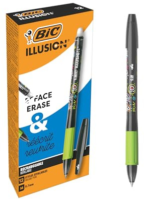 BIC Illusion radierbare und nachfüllbare Kugelschreiber, mittlere Spitze (0,7 mm), Schwarz, 12 Stück