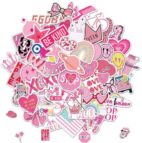 Ormromra 50pcs Pink Cute Stickers, Cute & Preppy Style, Waterproof Vinyl & PVC, Reusable, For Glass, Plastic, Metal & Other Common Materials