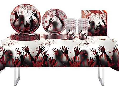 79 piezas de vajilla de fiesta de Halloween con manos sangrientas de Halloween, manteles de plástico, platos de papel, servilletas, servilletas y vasos, juego de vajilla sangrienta de Halloween para