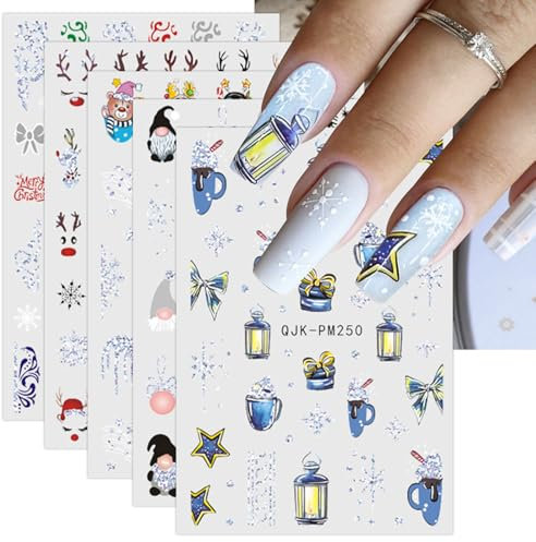 JMEOWIO 10 Sheets Christmas Glitter Nail Art Stickers Decals Self-Adhesive Snowflake Xmas Winter Holiday Nail Supplies Nail Art Design Decoration Accessories