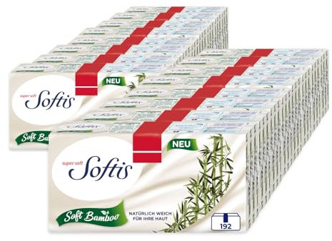 Softis Soft Bamboo Taschentücher - 192 Packungen, 4-lagige Taschentücher, natürlich weich mit Bambusfasern, seitliche Öffnung für hygienische Taschentuchentnahme, FSC-zertifiziert