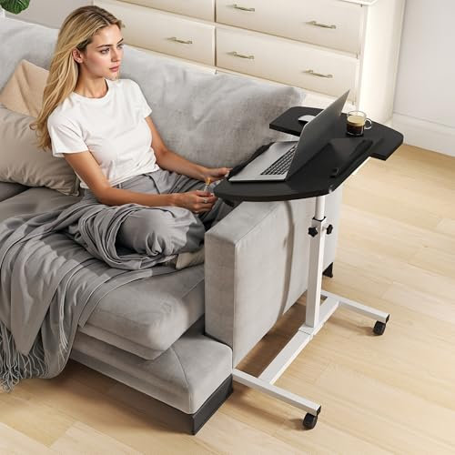 uyoyous Overbed Table with Wheels Small Standing Desk Adjustable Beside Table Height 61-91 cm Space-Saving Portable Side Desk for Sofa Living Room Bedroom Laptop Black