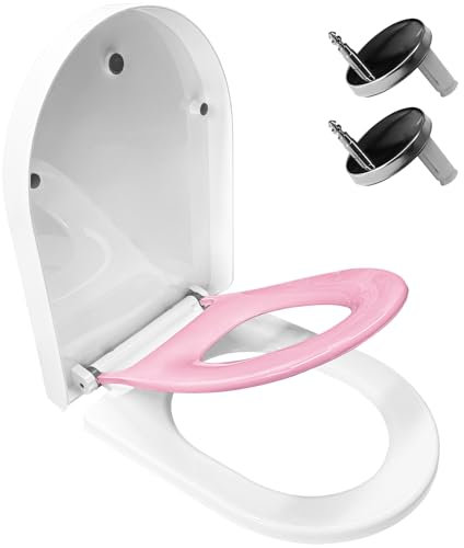 Family Toilet Seat Lid 2 in 1, Soft Close Two Button Quick Release Adjustable Easy to Clean and Install, Smaller Lid Pink Cute U-Shaped