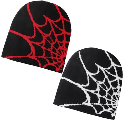 HDGSAFD 2 Stück Mützen Mit Spinnennetz-Aufdruck, Modische Und Personalisierte Mützen, Warme Strickmützen, Elastische Und Weiche Strickmützen