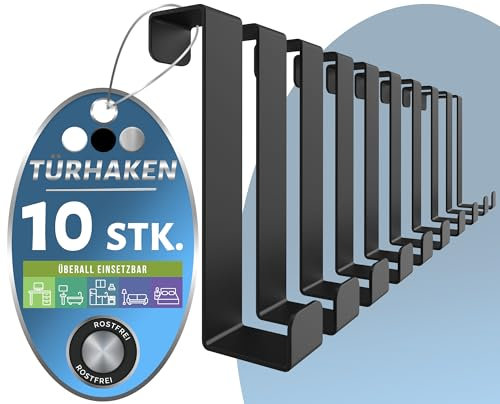 4happy Türhaken zum Einhängen - 10 Stück robuste Haken zum Einhängen, Kleiderhaken Tür einzeln verwendbar oder als Türhakenleiste, Türgarderobe, Fb. Schwarz