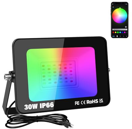 Willpower 1PC Projecteur LED RGB App Télécommande, Spot LED Extérieur 30W 3000LM, 16 Couleurs, Minuteur, Télécommande RGBW Luminaire Exterieur Pour Jardin Patio, IP66 étanche, avec Prise