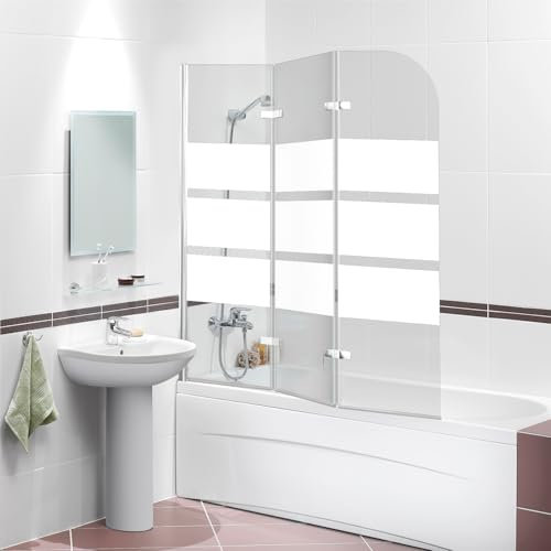 Eikuavons Faltbare Duschwand für Badewanne 120x140cm, 3 teilige Glas Duschtrennwand aus 6mm Sicherheitsglas (EGS), Badewannenaufsatz, Weiße Streifen