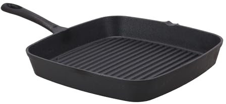 Rivanto® Gusseisen Grillpfanne 24 x 24 cm, massive BBQ Rillenpfanne mit Ausguss, Hoher Rand 6 cm,