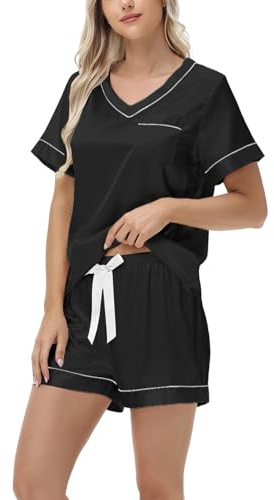 Atxnn Satin Schlafanzug Damen Sommer Kurz Pyjama Set Elegant V Ausschnitt Nachtwäsche Top und Shorts Zweiteiliger Seide Hausanzug, SCHWARZ M
