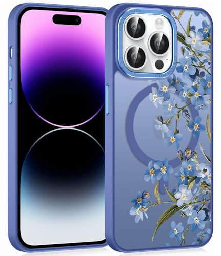 Xylota Magnetische Handyhülle für iPhone 14/iPhone 13 6,1 Hülle, Aesthetic Blumen Muster Mädchen Case Kompatibel mit MagSafe, Transluzente Matte PC Dünn TPU Stoßfest Kratzfest Schutzhülle Cover, Blau