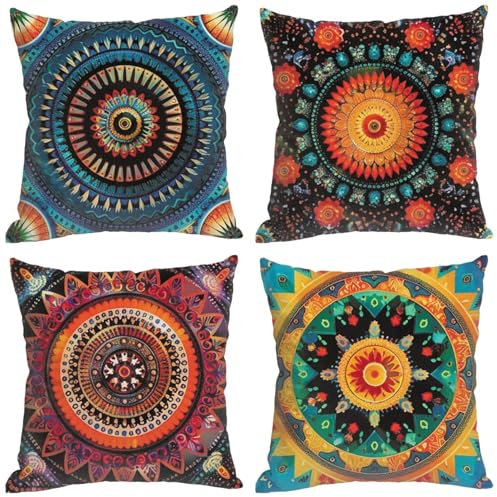 Outdoor Wetterfest Kissenbezug 60X60 CM 4er Set Boho-Stil Kissenbezüge Mandala Outdoor Kissen Wasserdicht Leinen Sofa Cover Dekokissen für Garten Balkon Bank Bauernhaus Heimdekoration Geschenke X-W