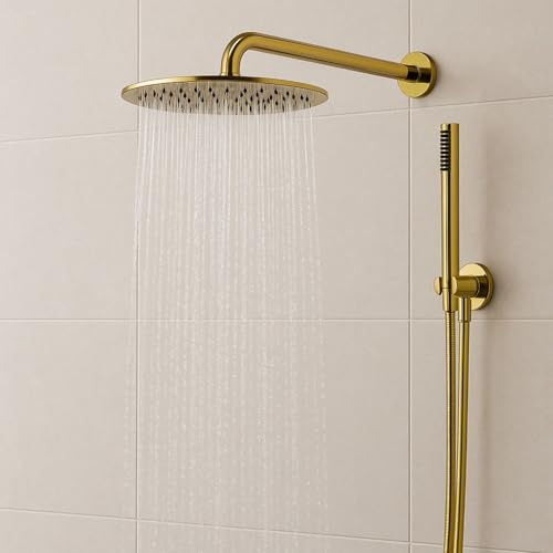 Ogomondo Kit Doccia Circolare Round-2 Soffione 250 mm in Acciaio Inox, Doccino con Presa Acqua, Finitura Oro (Oro Lucido)
