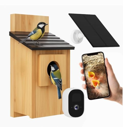 Smart Bird Box with 4 MP Camera – Solar-Powered Nest Box Camera for Live Birdwatching, Motion Detection & Video Capture, Weatherproof Wooden Birdhouse – Perfect DIY Gift