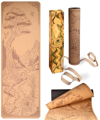 Edelwelt Yogamatte aus Kork – rutschfest & nachhaltig – 183×61 cm mit 5 mm dicker Matte, Tragegurt & Lasergravur-Design für Yoga, Pilates, Gym & Sport – für Anfänger & Geübte