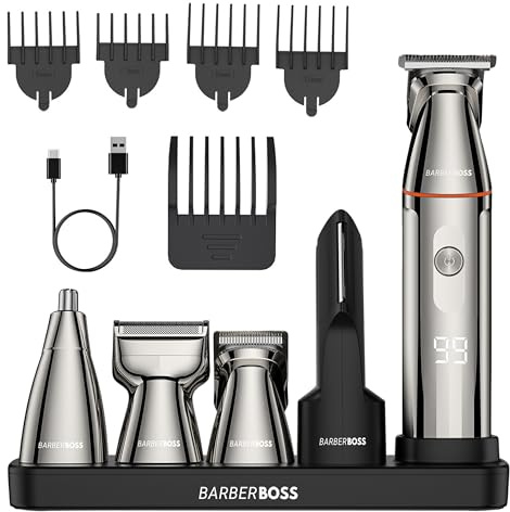 BarberBoss 5-in-1 Beard Trimmer Men, Grooming Kit for Men, Cordless Hair Clippers, Nose & Body Shaver with LED Display & USB-C Charging, Body Groomer