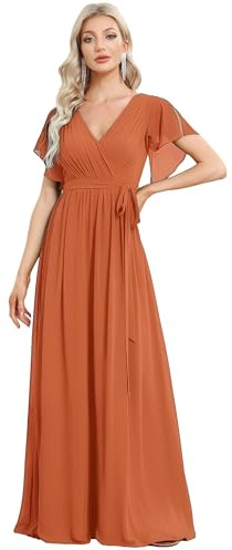 Ever-Pretty Women's V-Neck Ruffle Sleeves Ruched Bust Chiffon Floor Length Bridesmaid Dresses Brandied Melon 18