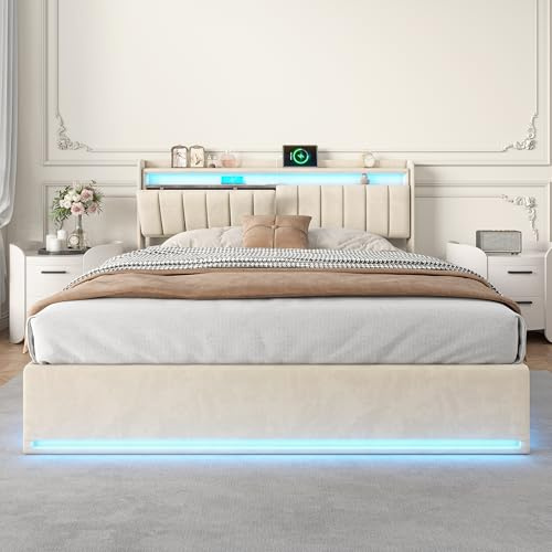 BRYXR Polsterbett 140x200 mit Stauraum&Lattenrost, Doppelbett mit USB Type-C Aufladen, Hydraulischem und LED-StauraumKopfteil, Jugendbett, Funktionsbett, Bettgestell Beige Samt(Ohne Matratze)