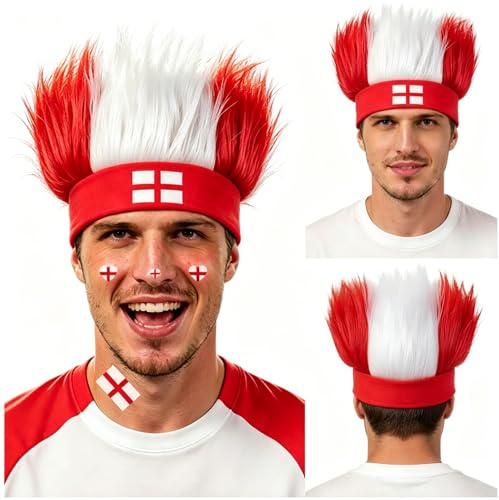 PLULON England Hairy Headband Costume Wig for World Soccer Fans 2026, National Flag Red, White Fuzzy Crazy Hair Costume Accessory Hairy Headband for Football Soccer Cup Game Day Party Outfit