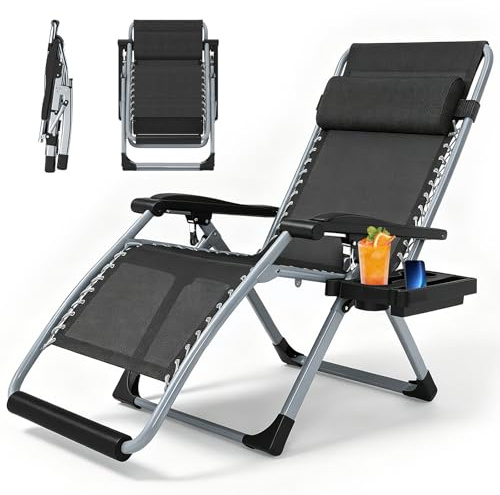 BYYBOU Gen2 Klappbarer Sonnenstuhl, Garten liegestuhl, Outdoor relaxstuhl mit liegefunktion, für Innenhof,Strand,Pool, mit Polsterstütze, 200KG, mit Verstellbarer Rückenlehne, Halskissen(Grau 77cm)