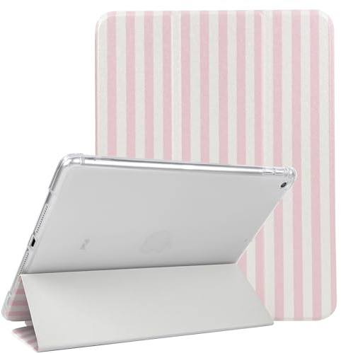 Lovmooful Coque pour iPad Air 3e Génération 10.5 2019/iPad Pro 10.5 Pouces 2017 avec Porte-Stylet Mignon Striped Rayures Design Souple TPU+PU Support Trifold Protection Housse-Rose&Blanc