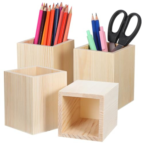 EXCEART Lot 4 Porte-Stylos en Bois Vierge pour Bureau | Porte-Crayon à Peindre, Pot en Bois Brut pour Maison, DIY et Rangement de Pinceaux