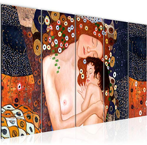 Runa Art Wandbild XXL Gustav Klimt Mutter und Kind Wohnzimmer 200 x 80 cm Braun 5 Teilig - Made in Germany - 700255a