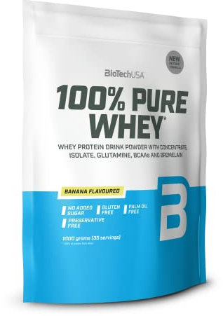 BioTechUSA 100% Pure Whey | Proteinpulver mit BCAA und Glutamin | Glutenfrei, Palmölfrei | 21g Protein pro Portion, 1 kg, Banane