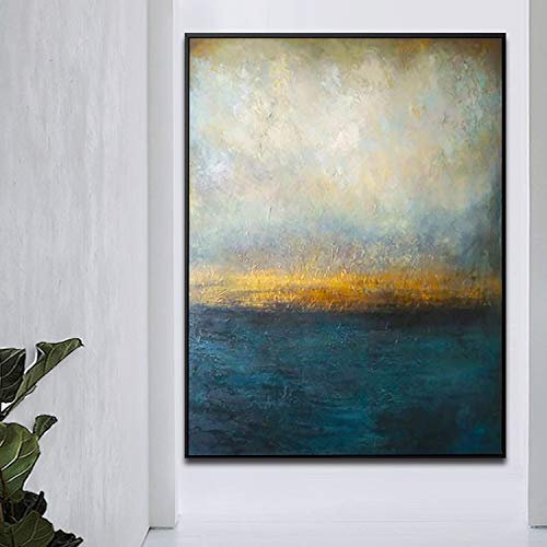 Orlco Art Original Handgemälde mit blauem Palettenmesser, Gold und Grün, großes Deko, Ölgemälde auf Leinwand, Blau und Weiß, Abstarct, 32x48inch(80x120cm) Mit Rahmen