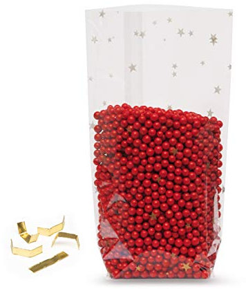 Elke Plastic Kreuzbodenbeutel 30 mµ mit 100 Clipse I Plätzchentüten Weihnachten I Weihnachtstüten zum Befüllen I Zellophan Tüten I Bodenbeutel Weihnachten (115x190 + Clipse 100 Stück, Sternen)