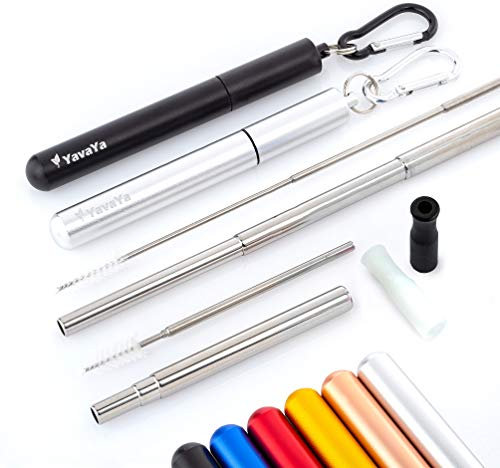YavaYa® Lot de 2 pailles télescopiques réutilisables en acier inoxydable - Brosse de nettoyage - Mousqueton - Étui en aluminium - Pointes en silicone - Paille élégante en métal à emporter - Nettoyage