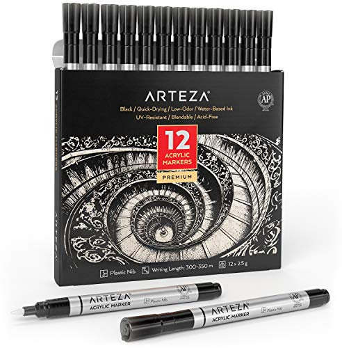 ARTEZA Acrylmarker Schwarz, 12er Set, langlebige Acrylstifte wasserfest mit Kunststoffspitze, Stifte zum Steine Bemalen, für Metall, Leinwand, Keramikoberflächen, Glas, Holz und Stoff