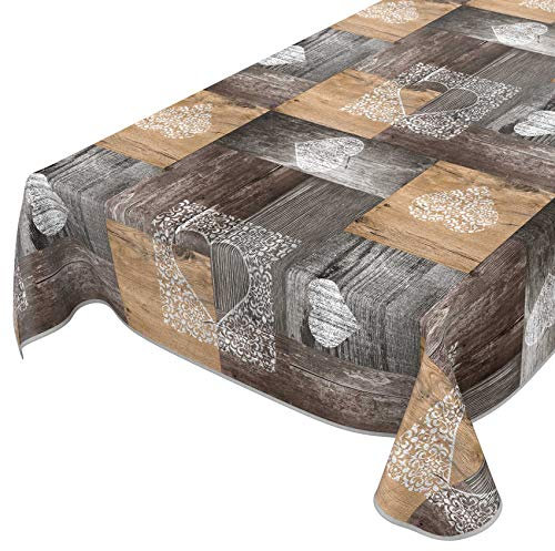 ANRO Tischdecke Wachstuch abwaschbar Wachstuchtischdecke Wachstischdecke Holz Liebe Braun Grau 140x140cm mit Saum - Eingefasst