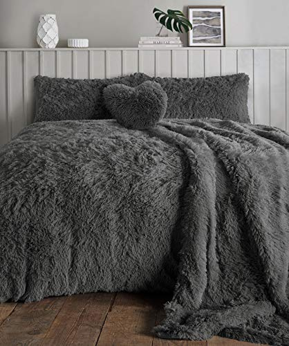 NIGHTZONE Teddy Bear Fleece Long Fur Cuddles Alaska Luxury Duvet Cover Set Warm Cosy Soft Teddy Bedding Set (Charcoal, Super King)