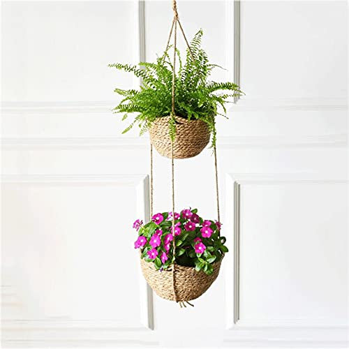 Couche double Pots de fleurs a suspendre Jardiniere suspendue interieur Extérieur Pots Panier Tissés de Fleurs ​Plante Naturels,pour Decoration Murale, Extérieur, Balcon, Jardin ( Blanco : Marron )