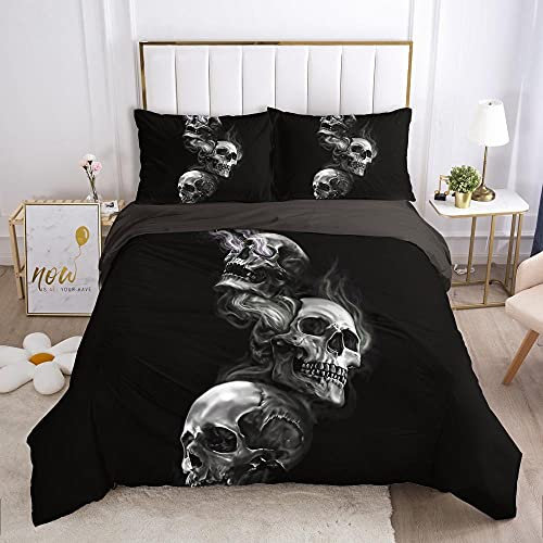 kldby Bettbezug 200x220 Totenkopf Schwarz Bettwäsche Set, 100% Microfaser Weiche Atmungsaktive 3 Teilig - 1 Bettbezüge mit Reißverschluss und 2 Kissenbezug 80x80 cm