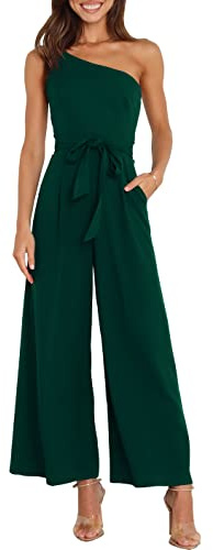 ANRABESS Women Summer Dressy Jumpsuits One Shoulder Sleeveless Casual Wide Leg Pants Romper Jumper 2026 Trendy Fall Outfits Deep Green Large