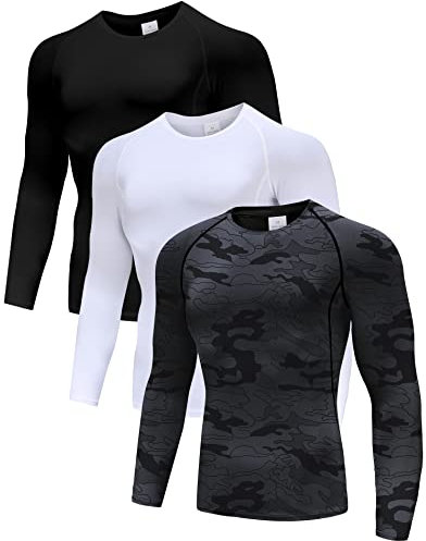 Holure 3 Pack Compression Shirts for Men Long Sleeve Mens Running Top Quick Dry Base Layer Tops for Gym Sports Fitness Workout Black/White/Camo Black-M