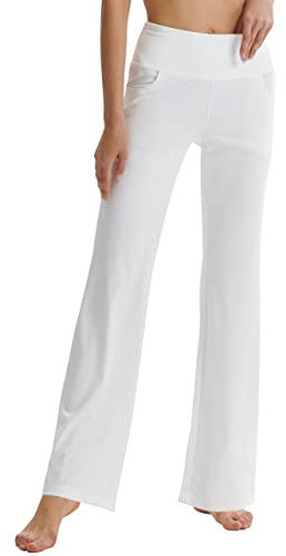 LaiEr Pantalones de Yoga de Corte de Bota para Mujer con Bolsillos de Cintura Alta Acampanados Bootleg Pantalones de Entrenamiento de Yoga con Bolsillos Laterales, Blanco, L