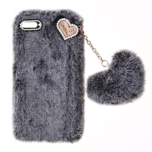 SNCLET Fluffy Fur Plush Case for iPhone 8 Plus Protective Case Soft Warm Love Fluffy Case Bling Diamond Cover Fluffy Fur Skin TPU Cell Phone Case for Women Girls for iPhone 8 Plus/7 Plus,Dark Grey