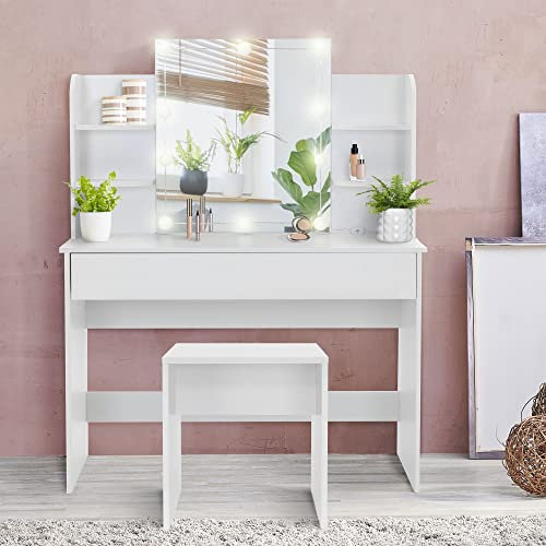 ECD Germany Schminktisch Set, Frisiertisch mit Hocker, Kosmetiktisch mit Spiegel, LED-Beleuchtung, 1 Schublade und 4 Fächern, 108x40x140 cm, Weiß, aus MDF Holz, modern, Schminkkommode Frisierkommode