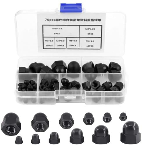 Uadme Dome Cap Nuts - 70Pcs M3/M4/M5/M6/M8/M10 Nylon Acorn Hex Caps Nut Bolt Nuts Cover Screw Cap Assortment Kit Dome Protection Cap for Protecting Hexagon Screws Bolts(Black)