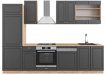 Vicco Küchenzeile Fame-Line, Anthrazit Landhaus/Goldkraft Eiche, 300 cm ohne Arbeitsplatte