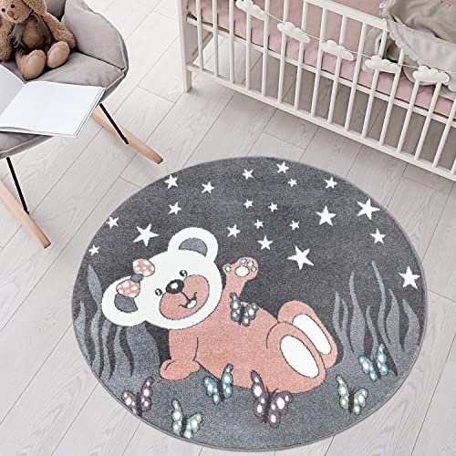 carpet city Teppich Kinderzimmer Teddy-Bär - Grau, Rosa - 160 cm Rund - Kinderteppich Kurzflor mit Sternen, Schmetterlingen - Weicher Flor
