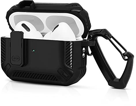 AirPods Pro 2 Hülle 2022 mit Verschlussdeckel und Schlüsselbundhaken,Staub- und stoßfestes, langlebiges Gehäuse (Schwarz)