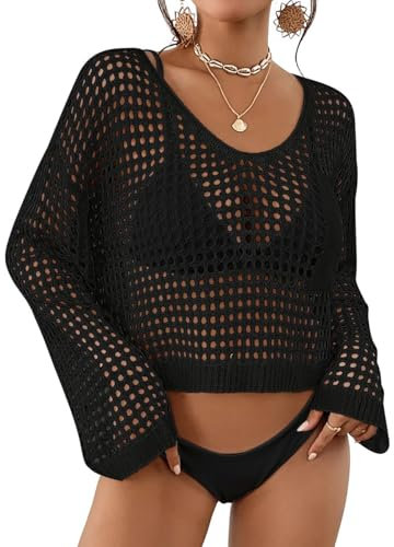 Bsubseach Damen Crochet Crop Top Strand Badeanzug Cover Up Langarm Hollow Out Badeanzug Cover Ups Sommer Outfits Schwarz